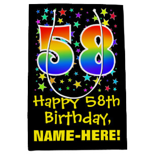 58th Birthday: Colorful Stars Pattern & Rainbow 58 Medium Gift Bag