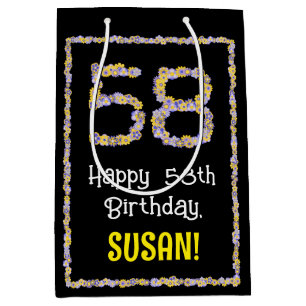 58th Birthday: Floral Flowers Number, Custom Name Medium Gift Bag