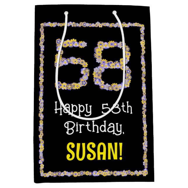 58th Birthday: Floral Flowers Number, Custom Name Medium Gift Bag (Front)