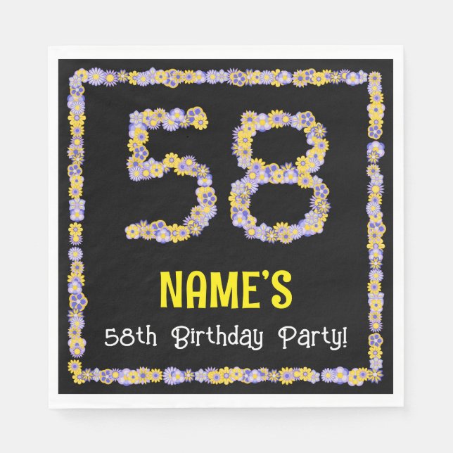 58th Birthday: Floral Flowers Number, Custom Name Napkins (Front)