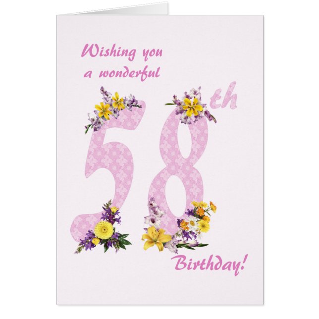 58th Birthday Flower Decorated Numbers Cards (Front)