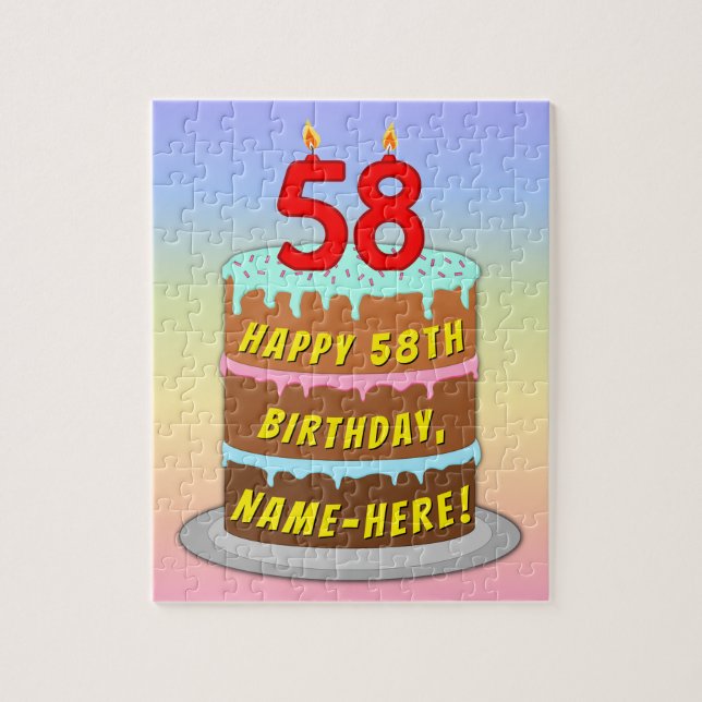 58th Birthday: Fun Cake and Candles + Custom Name Jigsaw Puzzle (Vertical)