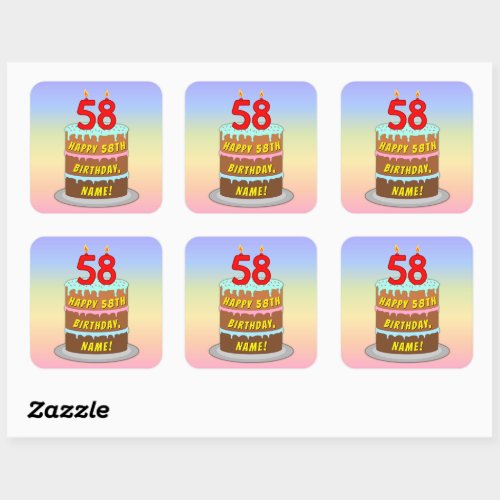 58th Birthday Fun Cake and Candles  Custom Name Square Sticker