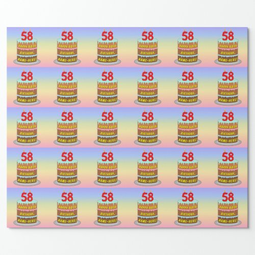 58th Birthday Fun Cake and Candles  Custom Name Wrapping Paper