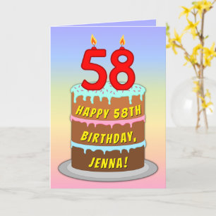 58th Birthday — Fun Cake & Candles, w/ Custom Name Card