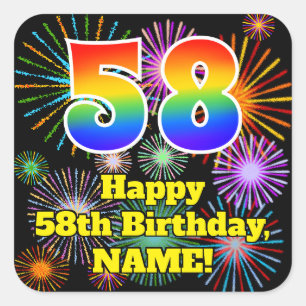 58th Birthday: Fun Fireworks Look, Rainbow # 58 Square Sticker