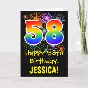 58th Birthday: Fun Fireworks Pattern + Rainbow 58 Card
