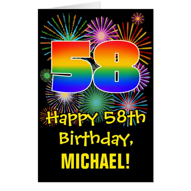 58th Birthday: Fun Fireworks Pattern & Rainbow 58 Card (Front)