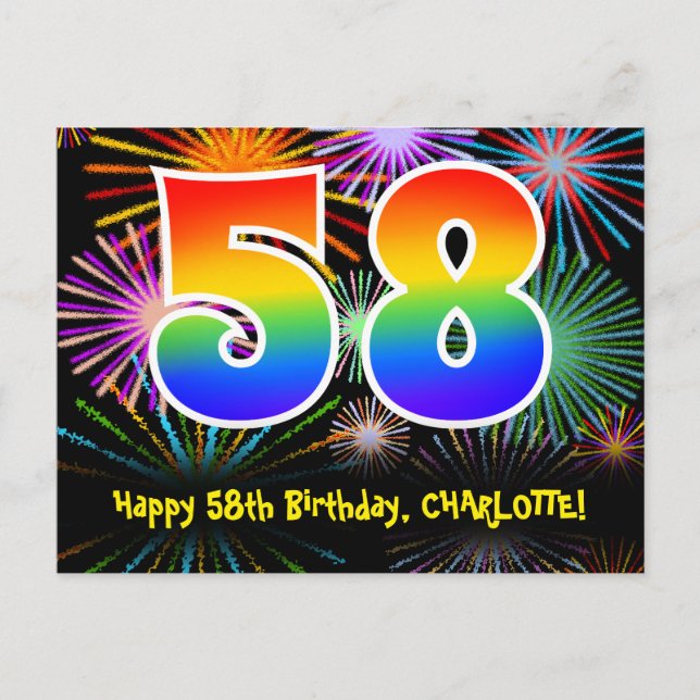 58th Birthday – Fun Fireworks Pattern + Rainbow 58 Postcard (Front)