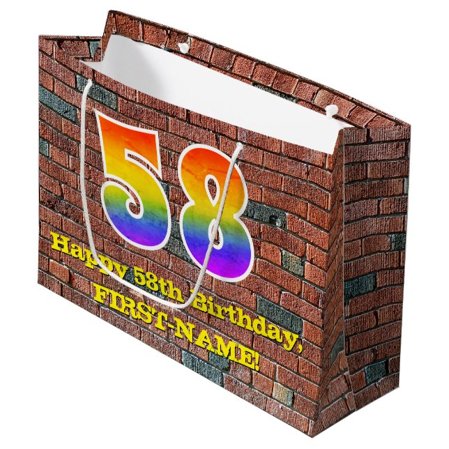 58th Birthday: Fun, Graffiti-Inspired Rainbow # 58 Large Gift Bag (Front Angled)