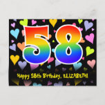 [ Thumbnail: 58th Birthday: Fun Hearts Pattern, Rainbow 58 Postcard ]