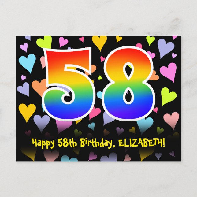 58th Birthday: Fun Hearts Pattern, Rainbow 58 Postcard (Front)