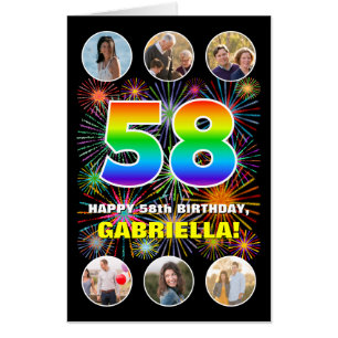 58th Birthday: Fun Rainbow #, Custom Name + Photos Card