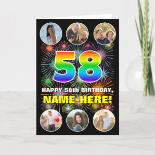 58th Birthday: Fun Rainbow #, Custom Name & Photos Card