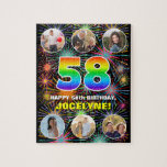 [ Thumbnail: 58th Birthday: Fun Rainbow #, Custom Name + Photos Jigsaw Puzzle ]