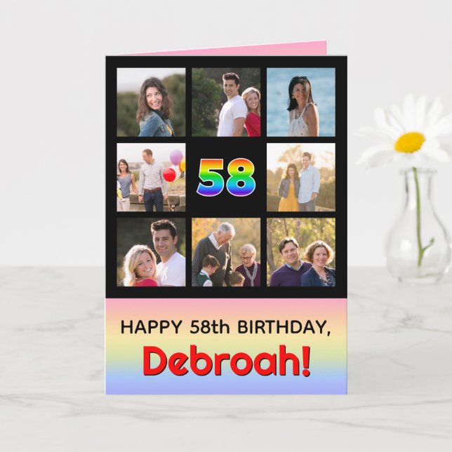 58th Birthday: Fun Rainbow #, Custom Photos + Name Card (Small Plant)