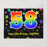 [ Thumbnail: 58th Birthday: Fun Stars Pattern, Rainbow 58, Name Postcard ]