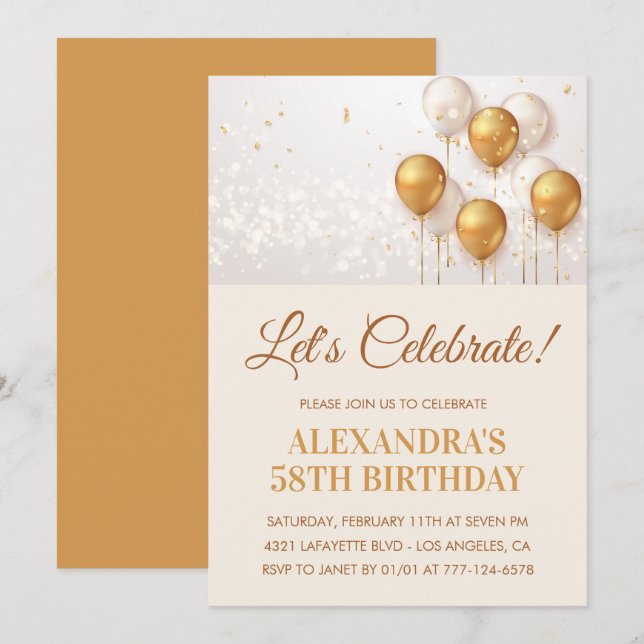 58th birthday invitations Gold Balloons  (Front/Back)