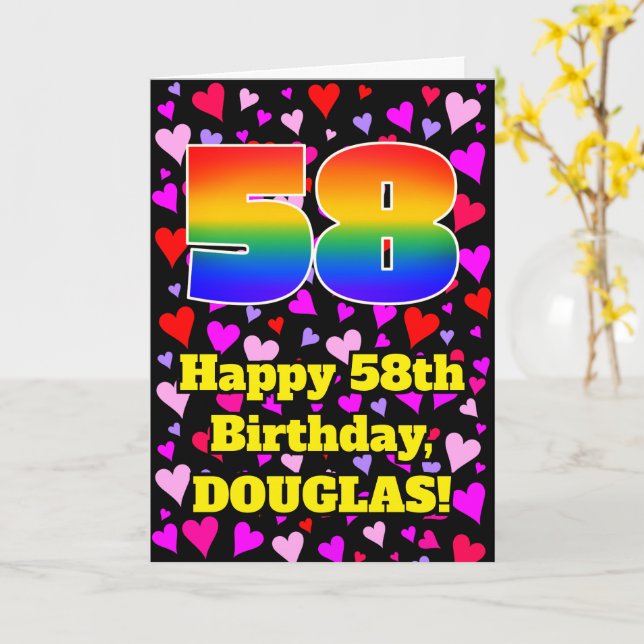 58th Birthday: Loving Hearts Pattern, Rainbow # 58 Card (Yellow Flower)