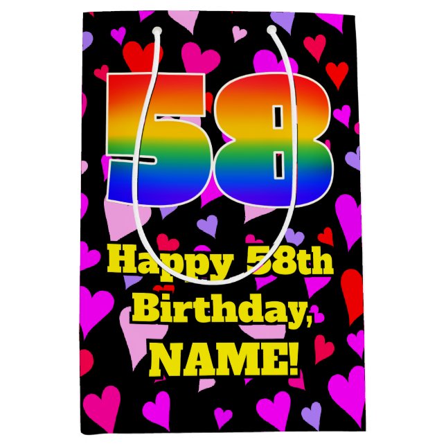 58th Birthday: Loving Hearts Pattern, Rainbow # 58 Medium Gift Bag (Front)