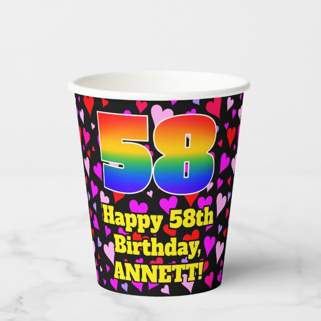 58th Birthday: Loving Hearts Pattern, Rainbow 58 Paper Cups (Front)