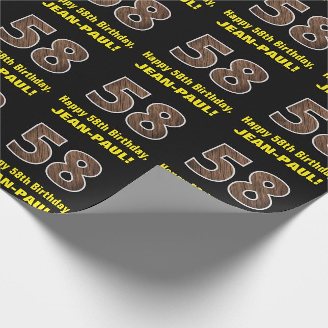 58th Birthday: Name & Faux Wood Grain Pattern "58" Wrapping Paper (Corner)