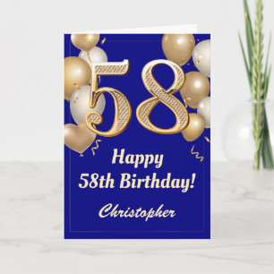 58th Birthday Navy Blue and Gold Balloons Confetti Card