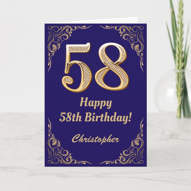 58th Birthday Navy Blue and Gold Glitter Frame Card (Front)
