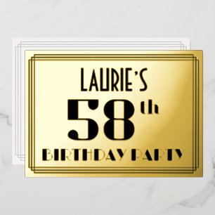 58th Birthday Party: Art Deco Look “58” and Name Foil Invitation
