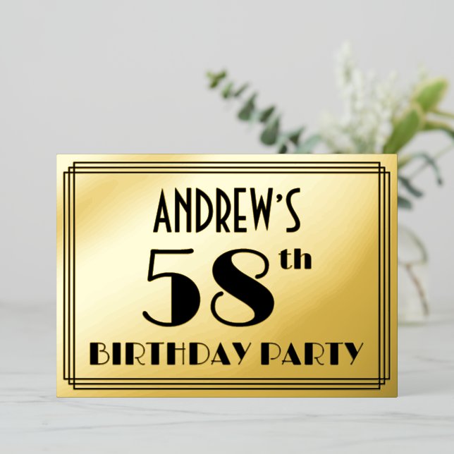 58th Birthday Party — Art Deco Look “58” + Name Foil Invitation (Standing Front)