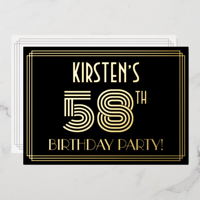 58th Birthday Party — Art Deco Style “58” + Name Foil Invitation (Front/Back)