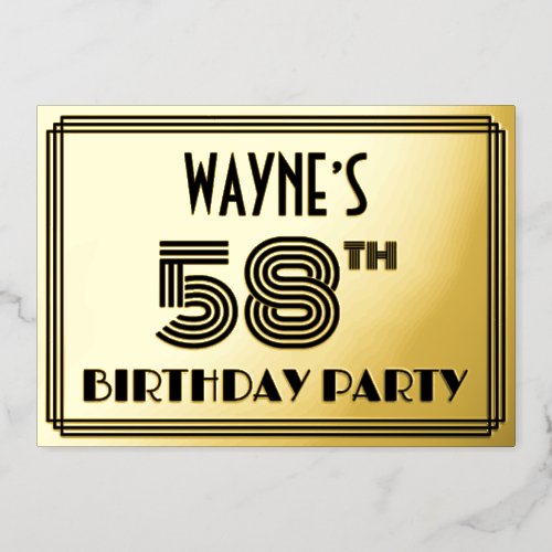 58th Birthday Party  Art Deco Style 58  Name Foil Invitation