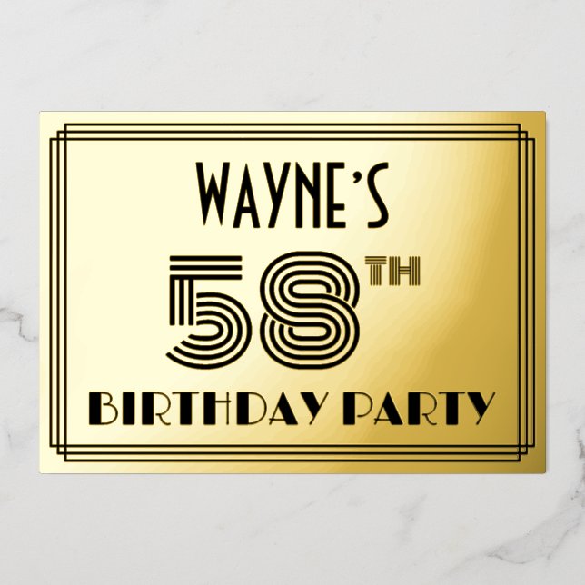 58th Birthday Party — Art Deco Style “58” & Name Foil Invitation (Front)