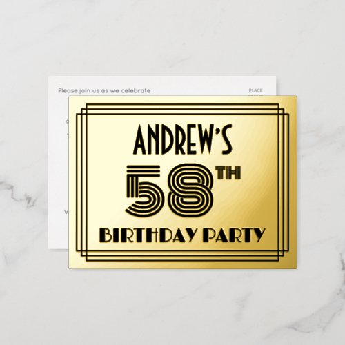 58th Birthday Party  Art Deco Style 58  Name Foil Invitation Postcard