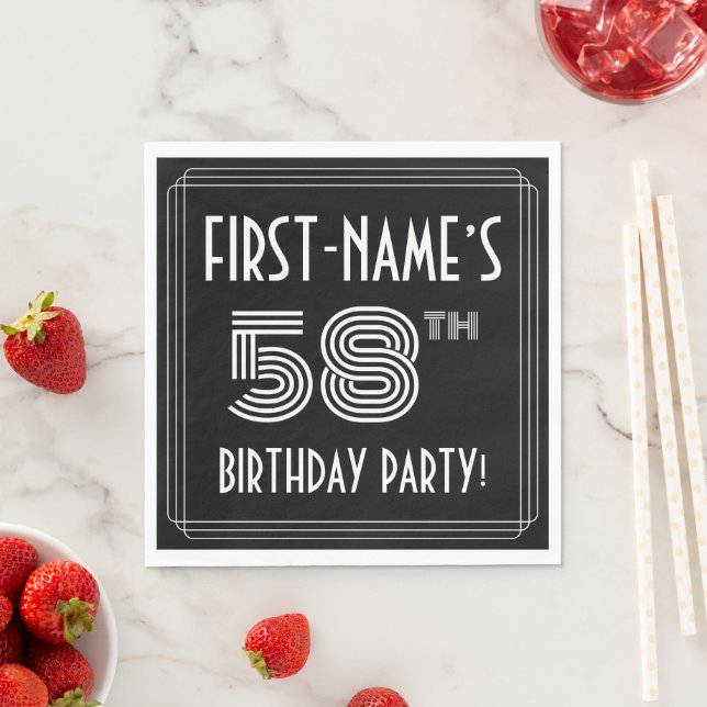 58th Birthday Party: Art Deco Style + Custom Name Napkins (Insitu)