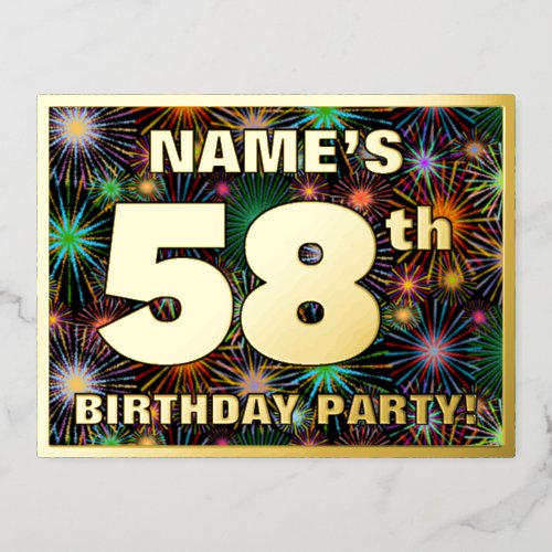 58th Birthday Party Bold Colorful Fireworks Look Foil Invitation Postcard