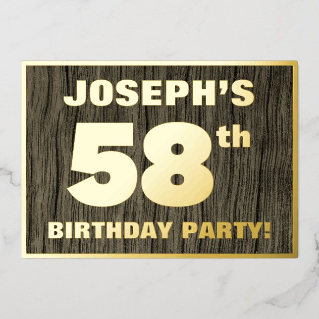 58th Birthday Party: Bold, Faux Wood Grain Pattern Foil Invitation (Front)