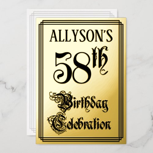 58th Birthday Party  Elegant Script  Custom Name Foil Invitation