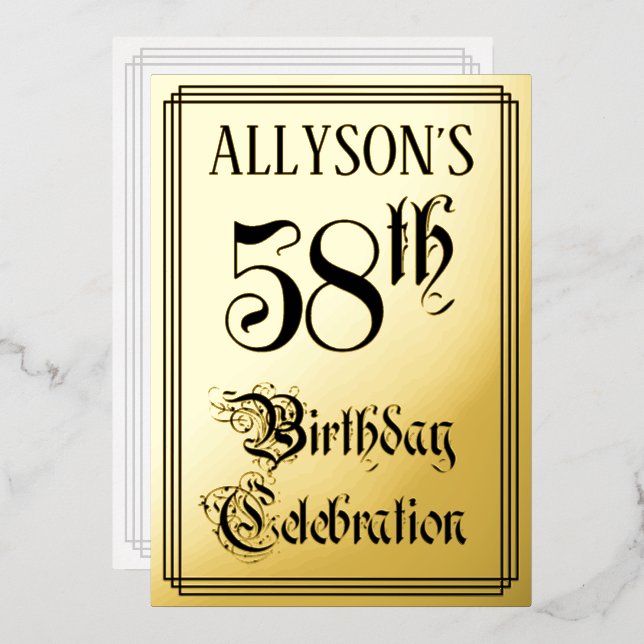 58th Birthday Party — Elegant Script + Custom Name Foil Invitation (Front/Back)