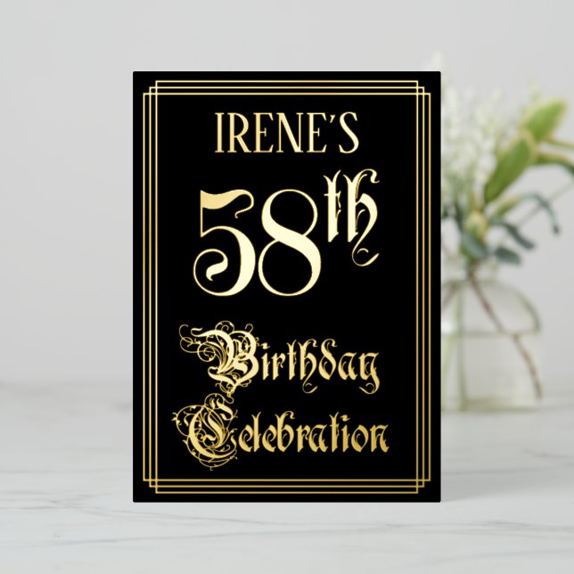 58th Birthday Party — Fancy Script & Custom Name Foil Invitation (Standing Front)