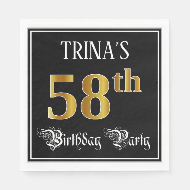 58th Birthday Party — Fancy Script, Faux Gold Look Napkins (Front)