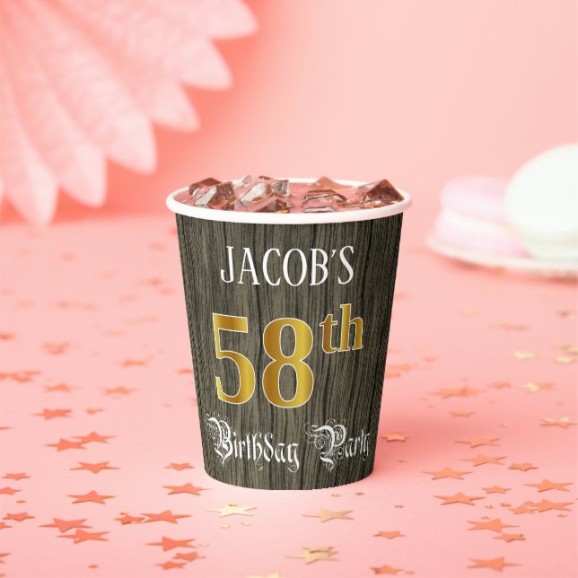 58th Birthday Party — Faux Gold & Faux Wood Looks Paper Cups (Insitu)