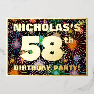 58th Birthday Party — Fun, Colorful Fireworks Look Foil Invitation