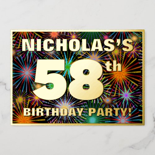 58th Birthday Party  Fun Colorful Fireworks Look Foil Invitation