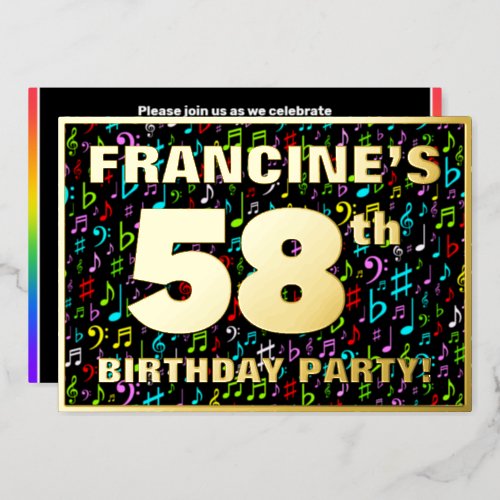 58th Birthday Party  Fun Colorful Music Symbols Foil Invitation