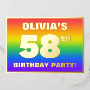 58th Birthday Party: Fun, Colorful Rainbow Pattern Foil Invitation