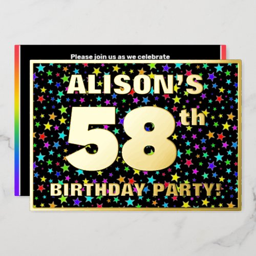 58th Birthday Party  Fun Colorful Stars Pattern Foil Invitation