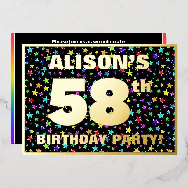 58th Birthday Party — Fun, Colorful Stars Pattern Foil Invitation (Front/Back)