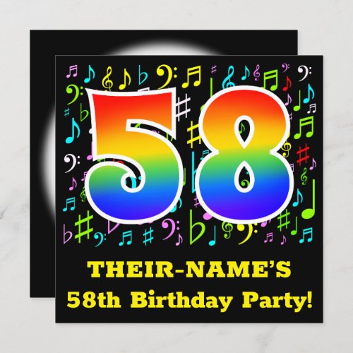 58th Birthday Party Fun Music Symbols Rainbow 58 Invitation