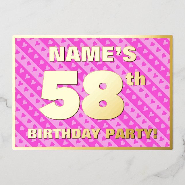 58th Birthday Party — Fun Pink Hearts and Stripes Foil Invitation (Front)